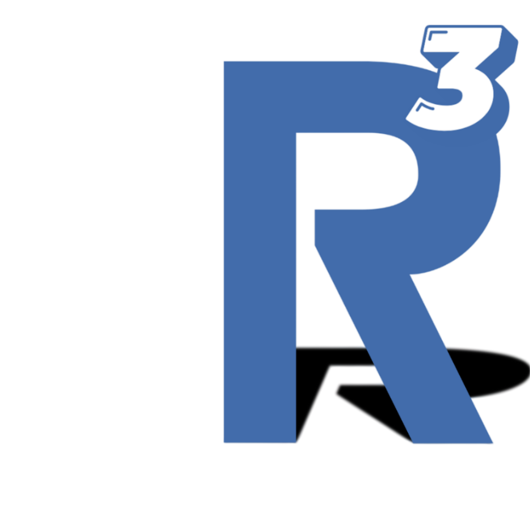 Large blue letter R with a white 3 in the top right corner and a black shadow R below it.