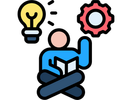 Illustration of a person reading with a lightbulb and gear symbolizing ideas and problem-solving.